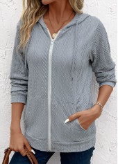 Light Grey tops,Plain Color tops,Pocket Light Grey Hooded Long Sleeve Coat