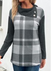 Dark Grey Marl tops,Plaid tops,Striped tops,ROTITA Patchwork Plaid Dark Grey Marl Asymmetrical Neck Sweatshirt