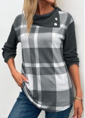 Dark Grey Marl tops,Plaid tops,Striped tops,ROTITA Patchwork Plaid Dark Grey Marl Asymmetrical Neck Sweatshirt