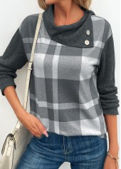Dark Grey Marl tops,Plaid tops,Striped tops,ROTITA Patchwork Plaid Dark Grey Marl Asymmetrical Neck Sweatshirt