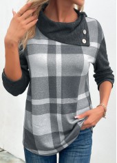 Dark Grey Marl tops,Plaid tops,Striped tops,ROTITA Patchwork Plaid Dark Grey Marl Asymmetrical Neck Sweatshirt