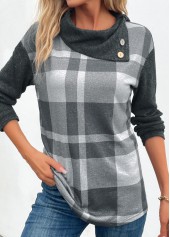 Dunkelgrau meliertes Rotita-Patchwork-Sweatshirt mit asymmetrischem Ausschnitt und Karomuster