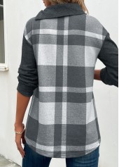 Dark Grey Marl tops,Plaid tops,Striped tops,ROTITA Patchwork Plaid Dark Grey Marl Asymmetrical Neck Sweatshirt