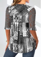 Dark Grey tops,Plants tops,Striped tops,Geometric tops,Dot tops,ROTITA Lace Leaf Print Dark Grey Split Neck Blouse