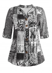 Dark Grey tops,Plants tops,Striped tops,Geometric tops,Dot tops,ROTITA Lace Leaf Print Dark Grey Split Neck Blouse