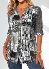 Dark Grey tops,Plants tops,Striped tops,Geometric tops,Dot tops,ROTITA Lace Leaf Print Dark Grey Split Neck Blouse