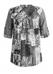 Dark Grey tops,Plants tops,Striped tops,Geometric tops,Dot tops,ROTITA Lace Leaf Print Dark Grey Split Neck Blouse