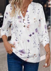 White tops,Floral tops,Plants tops,ROTITA Button Floral Print White Split Neck T Shirt