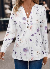 White tops,Floral tops,Plants tops,ROTITA Button Floral Print White Split Neck T Shirt