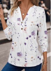 White tops,Floral tops,Plants tops,ROTITA Button Floral Print White Split Neck T Shirt