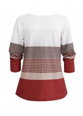 Wine Red plus size,White plus size,Geometric plus size,Plaid plus size,ROTITA Plus Size Patchwork Wine Red Geometric Print Sweatshirt