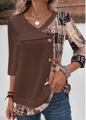 ROTITA Patchwork Geometric Print Light Coffee T Shirt