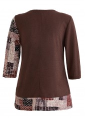 Light Coffee tops,Geometric tops,Striped tops,ROTITA Patchwork Geometric Print Light Coffee T Shirt