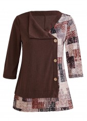 Light Coffee tops,Geometric tops,Striped tops,ROTITA Patchwork Geometric Print Light Coffee T Shirt