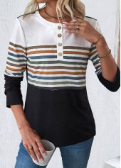Multi Color tops,Black tops,Striped tops,Geometric tops,ROTITA Patchwork Striped Multi Color Round Neck T Shirt