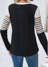 Multi Color tops,Black tops,Striped tops,Geometric tops,ROTITA Patchwork Striped Multi Color Round Neck T Shirt
