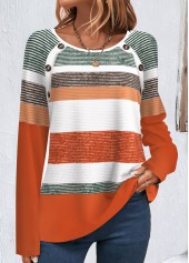 ROTITA Button Multi Stripe Print Orange T Shirt