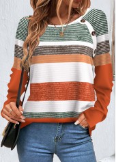 Orange tops,White tops,Striped tops,Geometric tops,ROTITA Button Multi Stripe Print Orange T Shirt