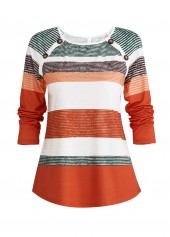 Orange tops,White tops,Striped tops,Geometric tops,ROTITA Button Multi Stripe Print Orange T Shirt