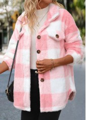 Light Pink tops,Plaid tops,Geometric tops,Striped tops,ROTITA Button Plaid Light Pink Turn Down Collar Coat
