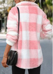 Light Pink tops,Plaid tops,Geometric tops,Striped tops,ROTITA Button Plaid Light Pink Turn Down Collar Coat