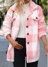 Light Pink tops,Plaid tops,Geometric tops,Striped tops,ROTITA Button Plaid Light Pink Turn Down Collar Coat