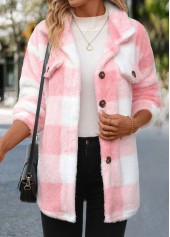 Light Pink tops,Plaid tops,Geometric tops,Striped tops,ROTITA Button Plaid Light Pink Turn Down Collar Coat