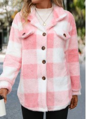 Light Pink tops,Plaid tops,Geometric tops,Striped tops,ROTITA Button Plaid Light Pink Turn Down Collar Coat