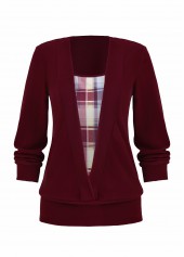 Wine Red tops,Plaid tops,Striped tops,Geometric tops,ROTITA Fake 2in1 Plaid Wine Red Square Neck Sweatshirt