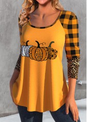 Orange tops,Halloween tops,Plaid tops,Leopard tops,Geometric tops,ROTITA Patchwork Halloween Print Orange Round Neck T Shirt