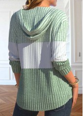 Light Green tops,White tops,Contrast Color tops,ROTITA Patchwork Light Green Long Sleeve Hoodie