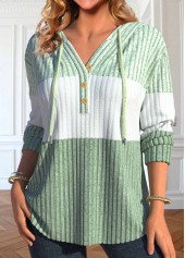 Light Green tops,White tops,Contrast Color tops,ROTITA Patchwork Light Green Long Sleeve Hoodie
