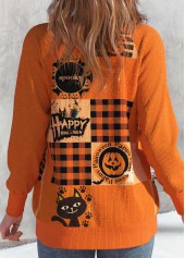 Orange tops,Halloween tops,Plaid tops,Geometric tops,Animal Print tops,ROTITA Button Halloween Print Orange Round Neck Coat
