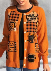 Orange tops,Halloween tops,Plaid tops,Geometric tops,Animal Print tops,ROTITA Button Halloween Print Orange Round Neck Coat