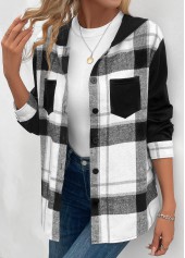 Black tops,White tops,Plaid tops,Striped tops,Geometric tops,ROTITA Patchwork Plaid Black Hooded Long Sleeve Coat