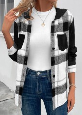 Black tops,White tops,Plaid tops,Striped tops,Geometric tops,ROTITA Patchwork Plaid Black Hooded Long Sleeve Coat