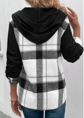 Black tops,White tops,Plaid tops,Striped tops,Geometric tops,ROTITA Patchwork Plaid Black Hooded Long Sleeve Coat