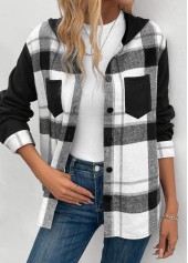 Black tops,White tops,Plaid tops,Striped tops,Geometric tops,ROTITA Patchwork Plaid Black Hooded Long Sleeve Coat
