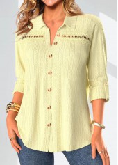 Light Yellow tops,Plain Color tops,ROTITA Lace Light Yellow Shirt Collar Long Sleeve Blouse
