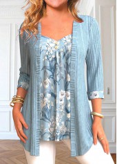 Rotita Patchwork Blumendruck Staubblau Fake Zweiteiler Twinset