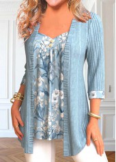 Dusty Blue tops,Floral tops,ROTITA Patchwork Floral Print Dusty Blue Fake Two Piece Twinset