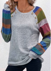 Light Grey Marl tops,Rainbow Color tops,Striped tops,ROTITA Button Striped Light Grey Marl T Shirt
