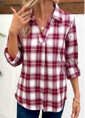 Wine Red tops,White tops,Plaid tops,Striped tops,Geometric tops,ROTITA Split Plaid Wine Red Turn Down Collar Blouse