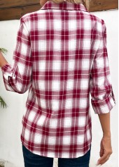 Wine Red tops,White tops,Plaid tops,Striped tops,Geometric tops,ROTITA Split Plaid Wine Red Turn Down Collar Blouse