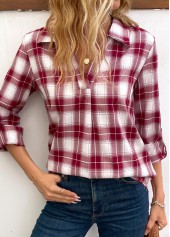 Wine Red tops,White tops,Plaid tops,Striped tops,Geometric tops,ROTITA Split Plaid Wine Red Turn Down Collar Blouse