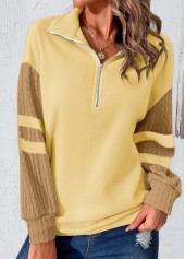 Light Yellow tops,Contrast Color tops,ROTITA Zipper Light Yellow Turn Down Collar Sweatshirt