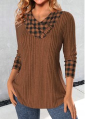 Light Coffee tops,Plaid tops,Striped tops,Geometric tops,ROTITA Patchwork Plaid Light Coffee Asymmetrical Neck Sweatshirt