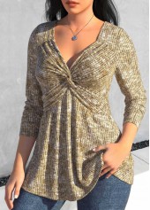 Light Camel tops,Plain Color tops,ROTITA Twist Light Camel Heart Collar T Shirt