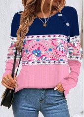 Multi Color tops,Tribal tops,Plants tops,Striped tops,Geometric tops,ROTITA Button Tribal Print Multi Color T Shirt