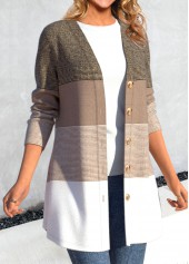 Light Camel tops,Striped tops,Geometric tops,ROTITA Button Striped Light Camel Long Sleeve Coat